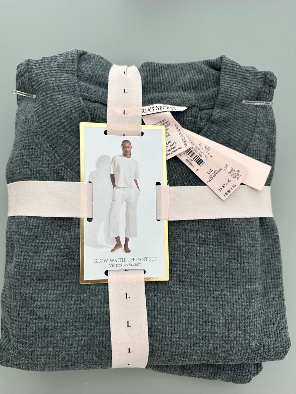 Victoria's Secret Glow Waffle Tee Pajamas Pant Set - Size L - Dark Gray NWT